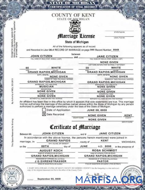 Blank USA state Michigan Kent County marriage certificate template in PSD format, fully editable